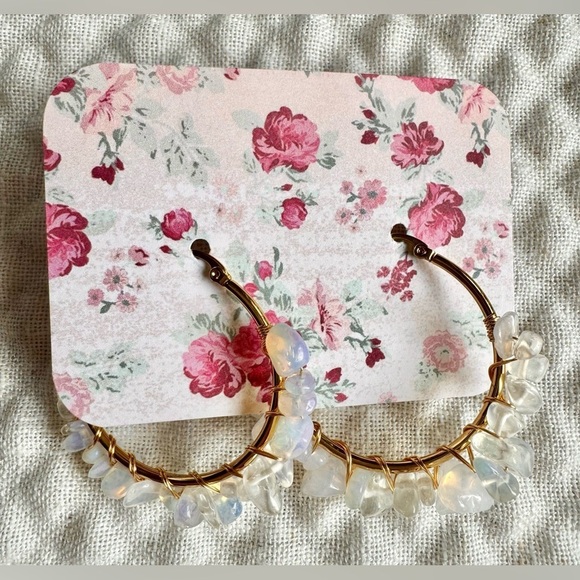 New Opalite Nugget Wire Wrapped Gold Tone Statement Hoop Earrings - 2” - Picture 6 of 6